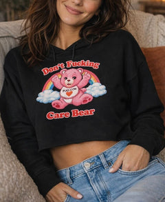 Pink Don't F*cking Care Bear Cropped Hoodie