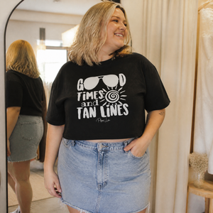 Good Times Tan Lines Cropped Boxy Tee — lifestyle hero