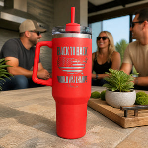 Back To Back World War Champs 40oz Engraved Travel Tumbler — lifestyle