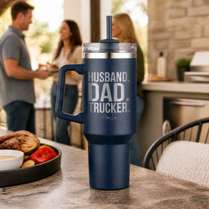Husband Dad Trucker 40oz Engraved Travel Tumbler — lifestyle