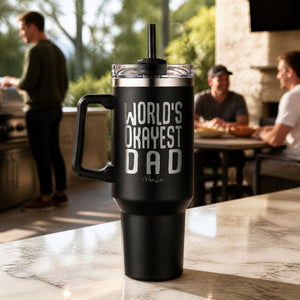 World's Okayest Dad 40oz Engraved Travel Tumbler — lifestyle