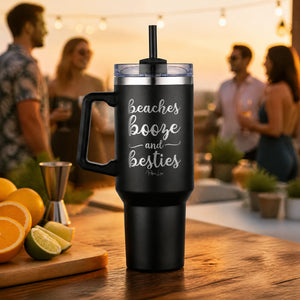 Beaches Booze And Besties 40oz Engraved Travel Tumbler — lifestyle