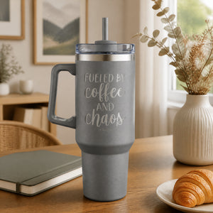Fueled By Coffee And Chaos 40oz Engraved Travel Tumbler — lifestyle