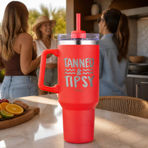 Tanned and Tipsy 40oz Engraved Travel Tumbler — lifestyle