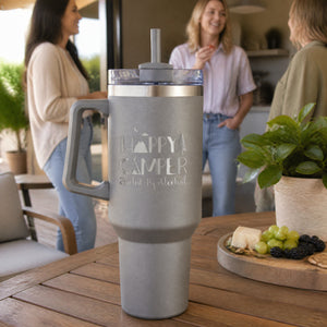 Happy Camper Fueled by Alcohol 40oz Engraved Travel Tumbler — lifestyle