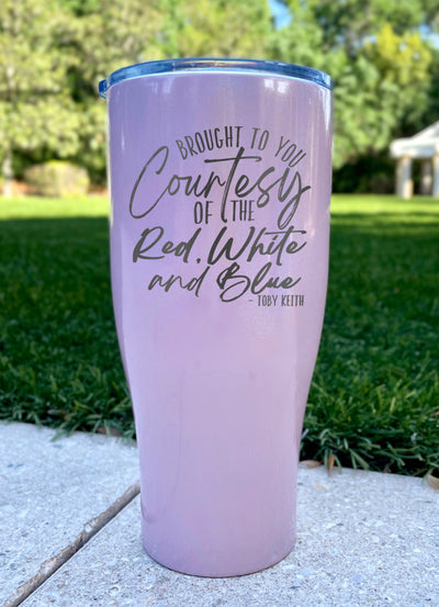 Courtesy Of The Red, White, And Blue Cursive Laser Etched Tumbler