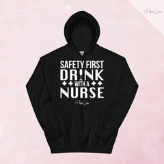 Safety First Drink With A Nurse Graphic Hoodie — Black