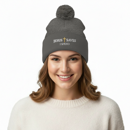 Jesus Saves I Spend Pom-Pom Knit Cap Beanie