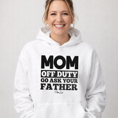 Woman wearing a white hoodie with text on a plain background