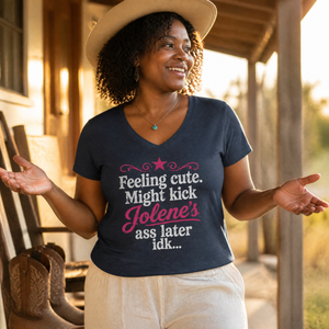Feeling Cute Might Kick Jolene's Ass Later Women's Graphic V-Neck — lifestyle hero