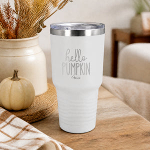 Black 30oz engraved Tundra tumbler engraved with “Hello Pumpkin” in a cheerful autumn front step lifestyle