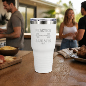 Practice Safe Sets 30oz Engraved Tundra Tumbler — lifestyle