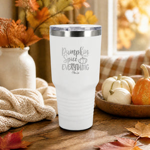 White 30oz engraved Tundra tumbler engraved with “Pumpkin Spice Everything” in a window-side autumn cafe lifestyle