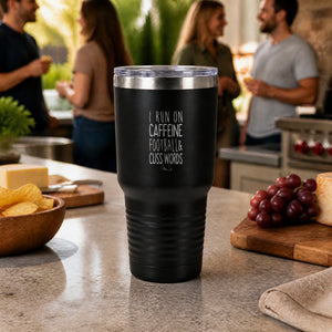I Run On Caffeine Football & Cuss Words 30oz Engraved Tundra Tumbler — lifestyle