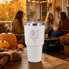 White 30oz engraved Tundra tumbler engraved with “Power Couple” in a golden-hour pumpkin porch lifestyle