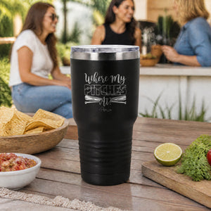 Where My Pitches At Softball 30oz Engraved Tundra Tumbler — lifestyle