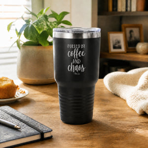 Fueled By Coffee And Chaos 30oz Engraved Tundra Tumbler — lifestyle