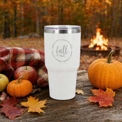 White 30oz engraved Tundra tumbler engraved with “Fall Favorites” in a fall-favorites picnic lifestyle