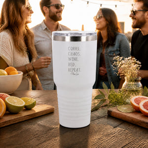 Coffee Chaos Wine Bed Repeat 30oz Engraved Tundra Tumbler — lifestyle