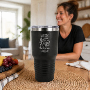 Super Cool Softball Mom 30oz Engraved Tundra Tumbler — lifestyle