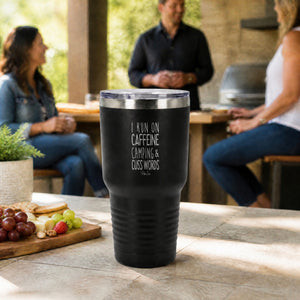 I Run On Caffeine Camping & Cuss Words 30oz Engraved Tundra Tumbler — lifestyle