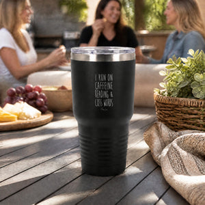 I Run On Caffeine Reading & Cuss Words 30oz Engraved Tundra Tumbler — lifestyle