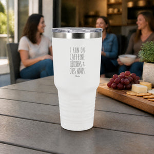 I Run On Caffeine Chickens & Cuss Words 30oz Engraved Tundra Tumbler — lifestyle