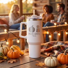 White 40oz engraved travel tumbler engraved with “Power Couple” in a golden-hour pumpkin porch lifestyle