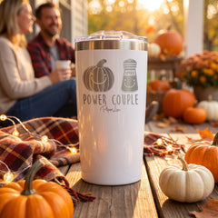 White 20oz engraved Adventure tumbler engraved with “Power Couple” in a golden-hour pumpkin porch lifestyle