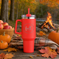 Red 40oz engraved travel tumbler engraved with “Fall Favorites” in a fall-favorites picnic lifestyle