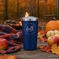 Navy 20oz engraved Adventure tumbler engraved with “Fall Favorites” in a fall-favorites picnic lifestyle