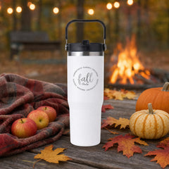White 30oz engraved Saratoga tumbler engraved with “Fall Favorites” in a fall-favorites picnic lifestyle