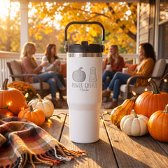 White 30oz engraved Saratoga tumbler engraved with “Power Couple” in a golden-hour pumpkin porch lifestyle