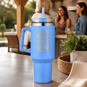 Worlds Okayest Husband 40oz Engraved Travel Tumbler — lifestyle