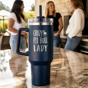 Crazy Pit Bull Lady 40oz Engraved Travel Tumbler — lifestyle