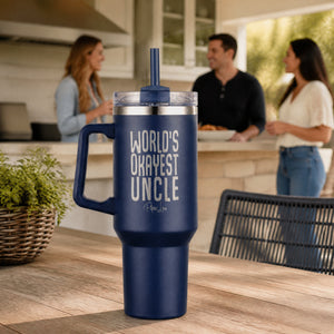 Worlds Okayest Uncle 40oz Engraved Travel Tumbler — lifestyle