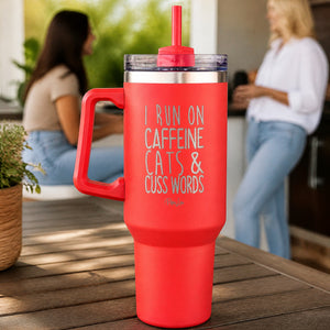 I Run On Caffeine Cats & Cuss Words 40oz Engraved Travel Tumbler — lifestyle
