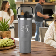 Happy Camper Fueled by Alcohol 30oz Engraved Saratoga Tumbler — lifestyle