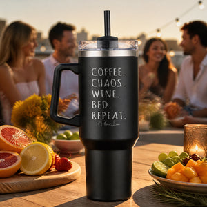 Coffee Chaos Wine Bed Repeat 40oz Engraved Travel Tumbler — lifestyle