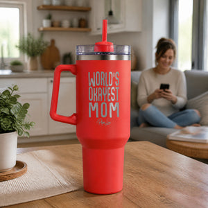 Worlds Okayest Mom 40oz Engraved Travel Tumbler — lifestyle
