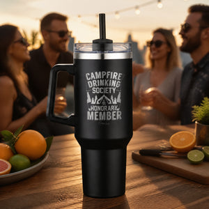 Campfire Drinking Society 40oz Engraved Travel Tumbler — lifestyle