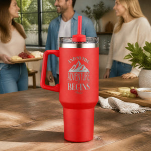 And So The Adventure Begins 40oz Engraved Travel Tumbler — lifestyle