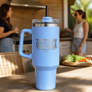 Tattoos Pretty Eyes & Thick Thighs 40oz Engraved Travel Tumbler — lifestyle