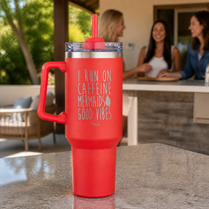I Run On Caffeine Mermaids & Good Vibes 40oz Engraved Travel Tumbler — lifestyle