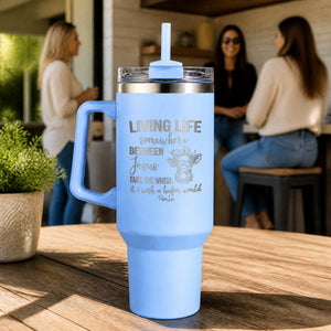 Somewhere Between Jesus Take The Wheel 40oz Engraved Travel Tumbler — lifestyle