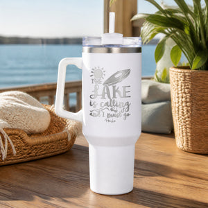 The Lake Is Calling And I Must Go 40oz Engraved Travel Tumbler — lifestyle