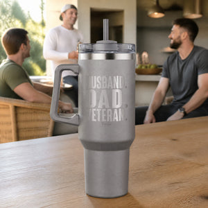 Husband Dad Veteran 40oz Engraved Travel Tumbler — lifestyle