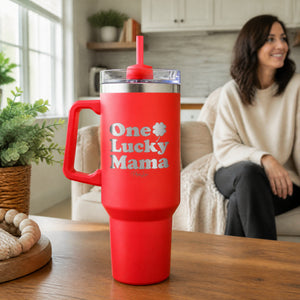 One Lucky Mama 40oz Engraved Travel Tumbler — lifestyle