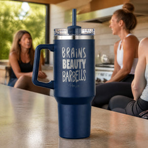 Brains Beauty Barbells 40oz Engraved Travel Tumbler — lifestyle