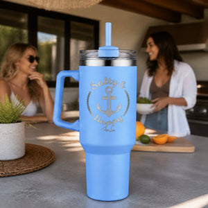 Salty And Happy 40oz Engraved Travel Tumbler — lifestyle